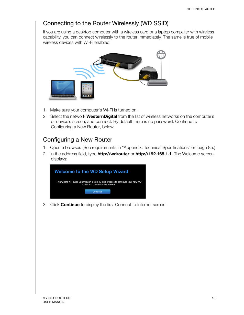 Connecting to the router wirelessly (wd ssid), Configuring a new router | Western Digital My Net N750 User Manual User Manual | Page 19 / 93