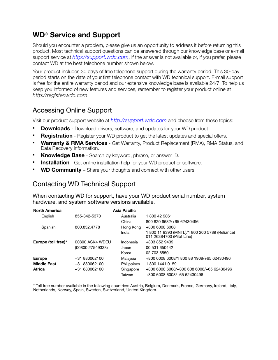 Wd® service and support, Accessing online support, Contacting wd technical support | Service and support | Western Digital My Net N750 User Manual User Manual | Page 2 / 93