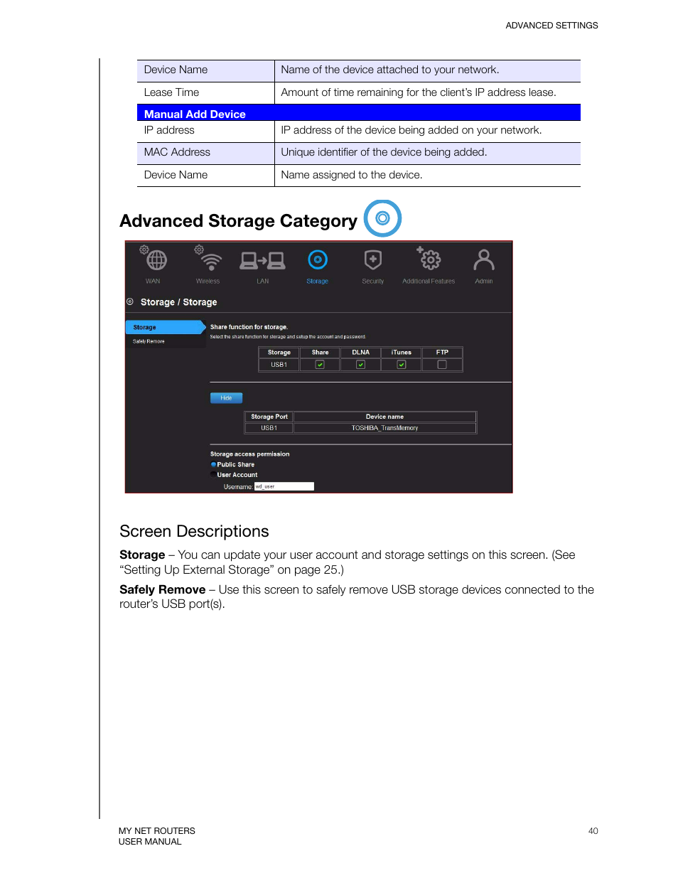 Screen descriptions, Advanced storage category | Western Digital My Net N750 User Manual User Manual | Page 44 / 93