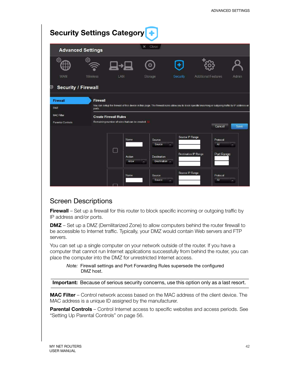 Security settings category, Screen descriptions | Western Digital My Net N750 User Manual User Manual | Page 46 / 93