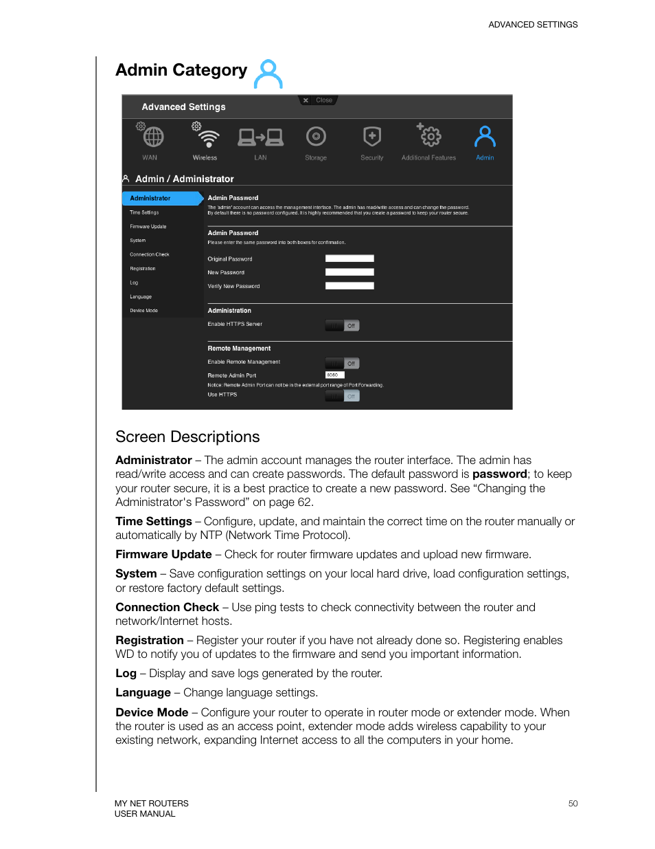 Admin category, Screen descriptions | Western Digital My Net N750 User Manual User Manual | Page 54 / 93