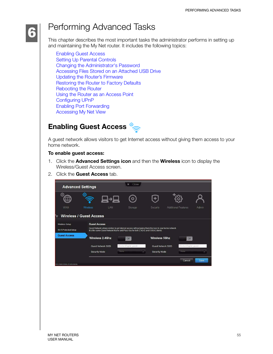 Performing advanced tasks, Enabling guest access | Western Digital My Net N750 User Manual User Manual | Page 59 / 93