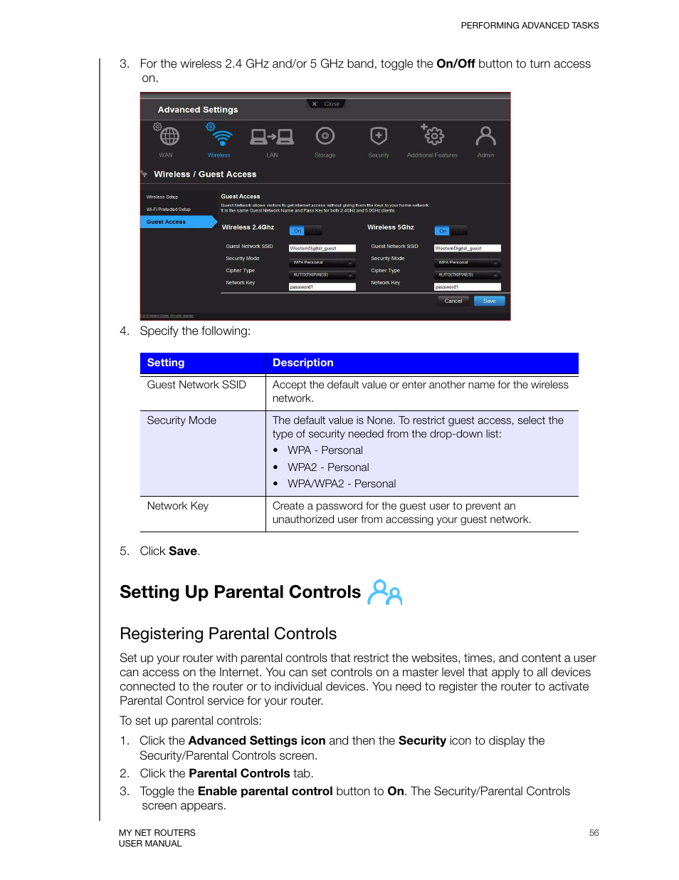 Setting up parental controls, Registering parental controls | Western Digital My Net N750 User Manual User Manual | Page 60 / 93