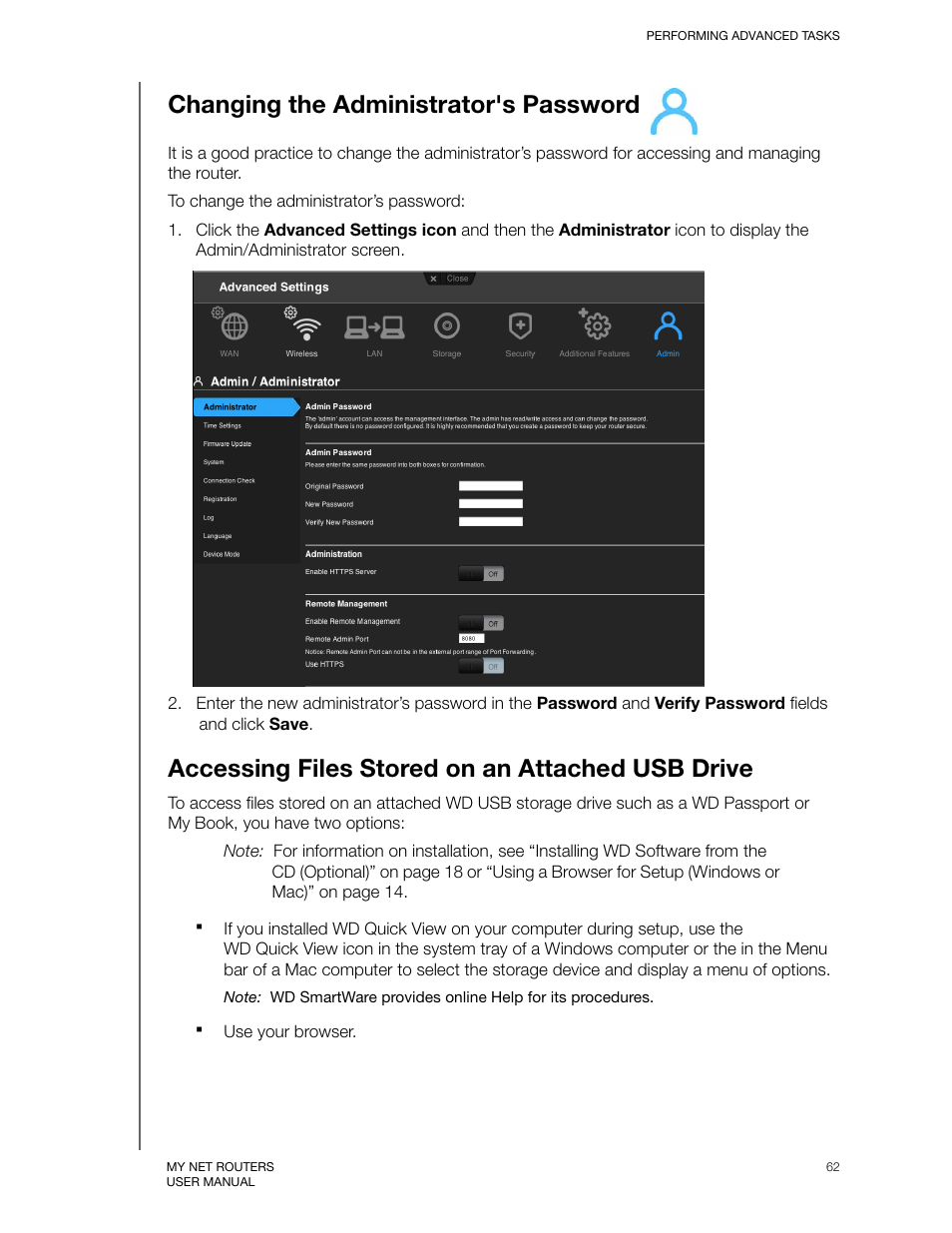 Changing the administrator's password, Accessing files stored on an attached usb drive | Western Digital My Net N750 User Manual User Manual | Page 66 / 93