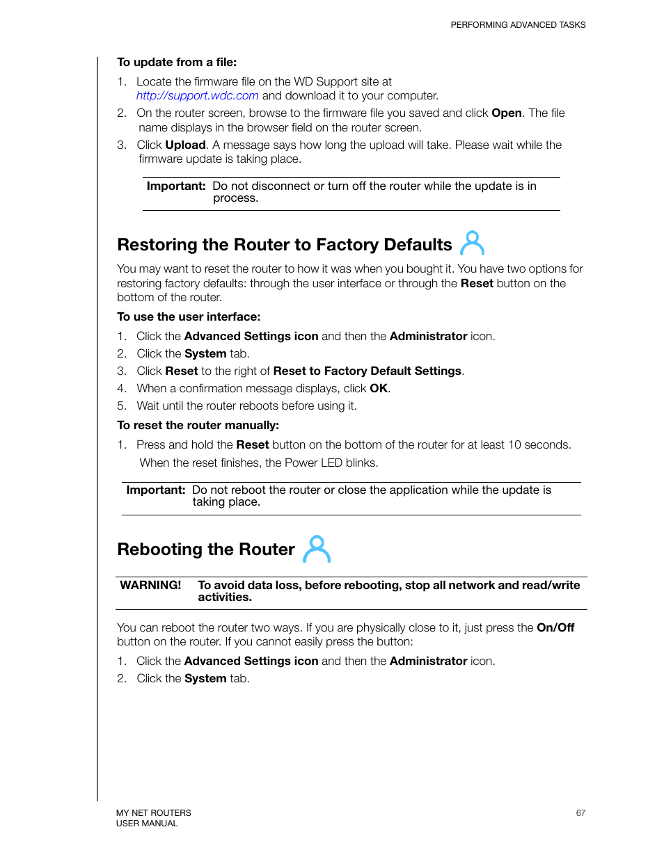 Restoring the router to factory defaults, Rebooting the router | Western Digital My Net N750 User Manual User Manual | Page 71 / 93