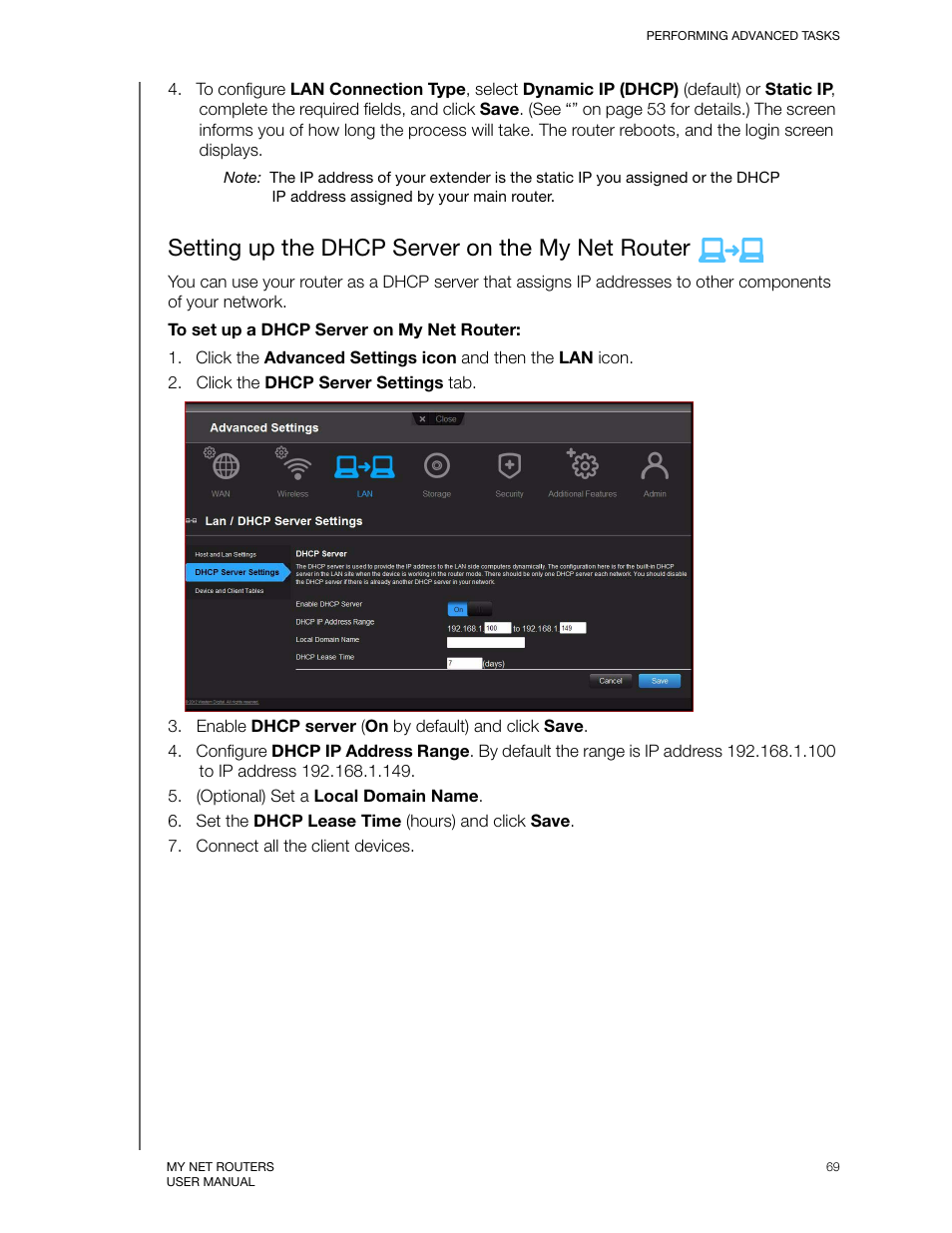 Setting up the dhcp server on the my net router | Western Digital My Net N750 User Manual User Manual | Page 73 / 93