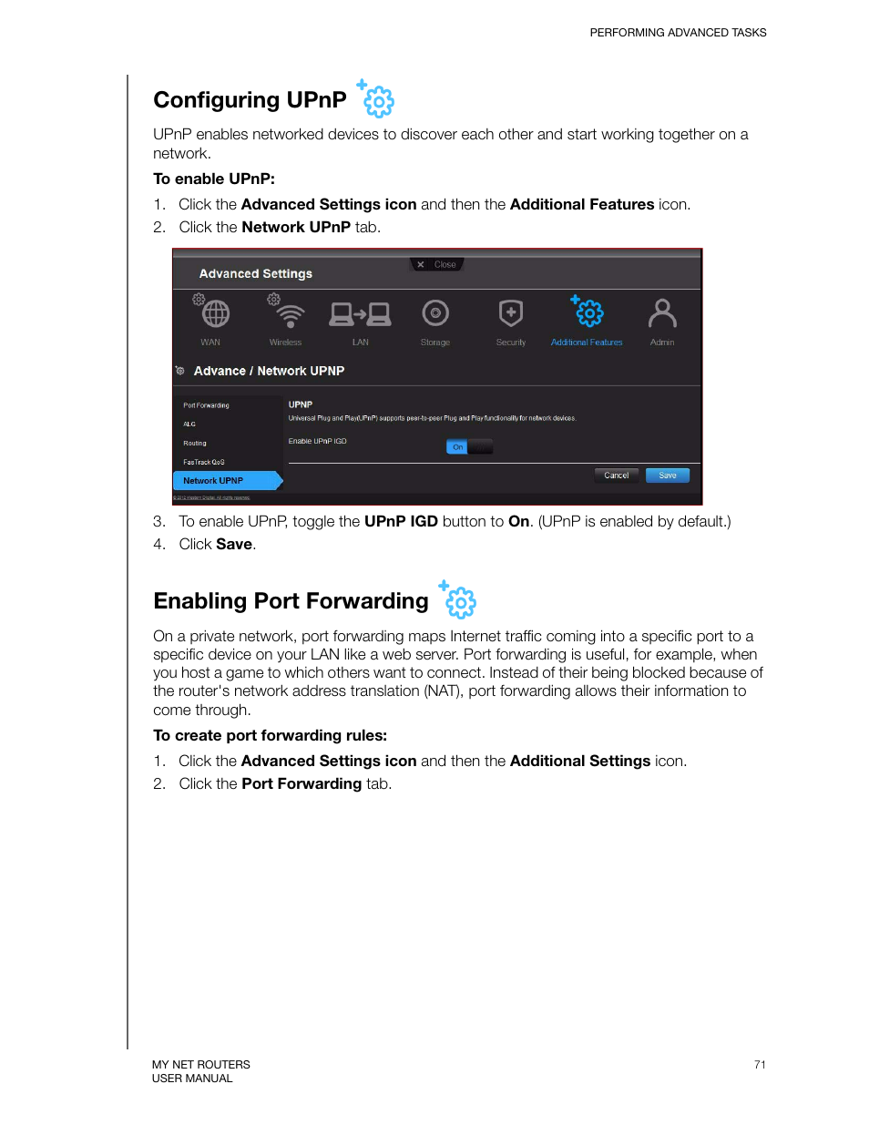 Configuring upnp, Enabling port forwarding | Western Digital My Net N750 User Manual User Manual | Page 75 / 93