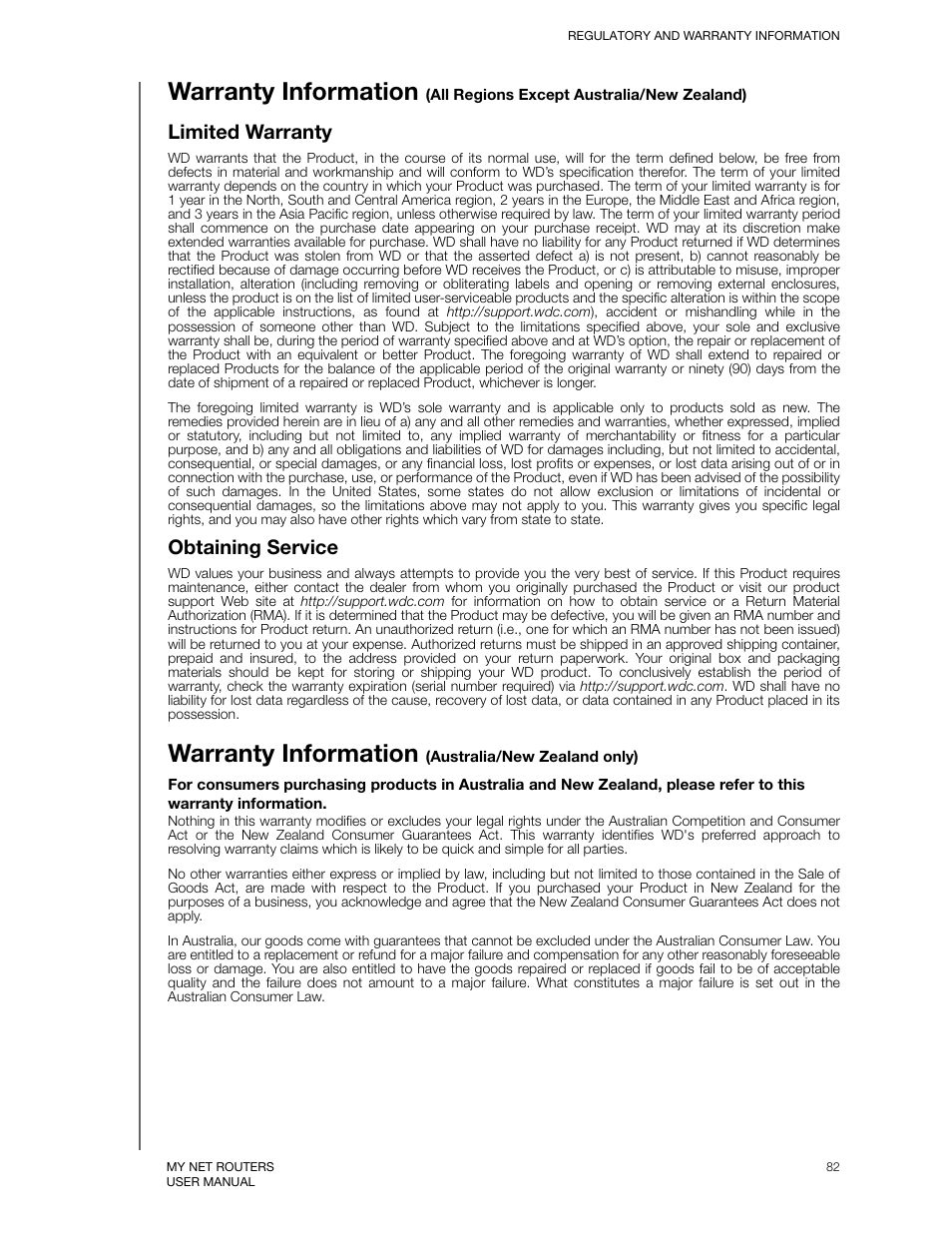 Limited warranty, Obtaining service, Warranty information (australia/new zealand only) | Warranty information | Western Digital My Net N750 User Manual User Manual | Page 86 / 93