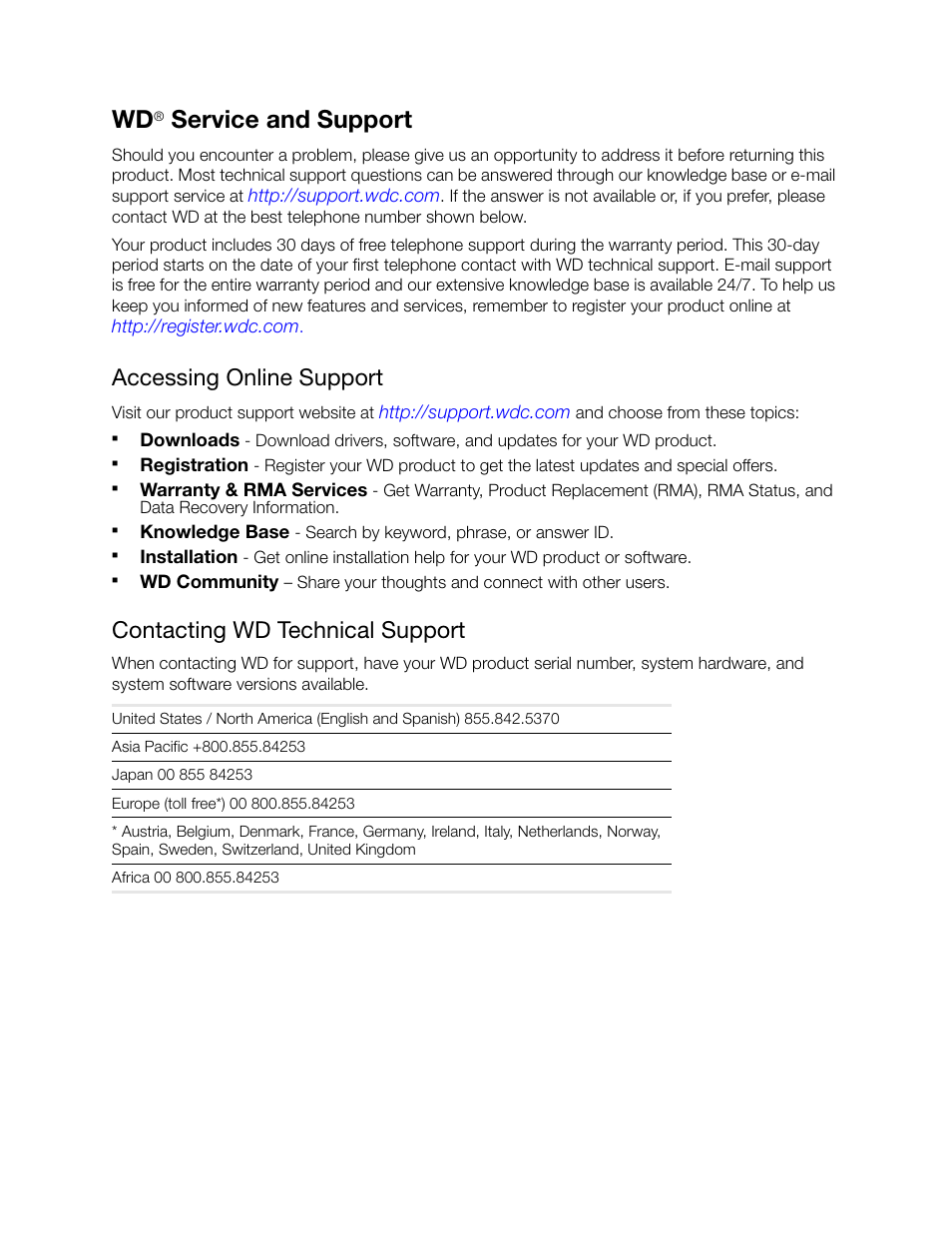 Wd® service and support, Accessing online support, Contacting wd technical support | Service and support | Western Digital My Net Wi-fi Range Extender User Manual User Manual | Page 2 / 47