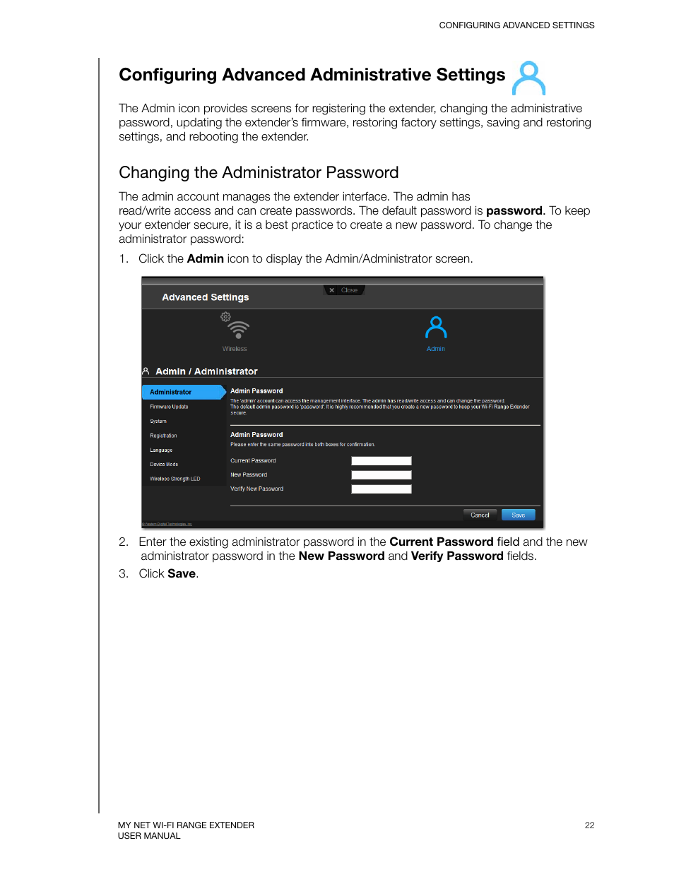 Configuring advanced administrative settings, Changing the administrator password | Western Digital My Net Wi-fi Range Extender User Manual User Manual | Page 25 / 47