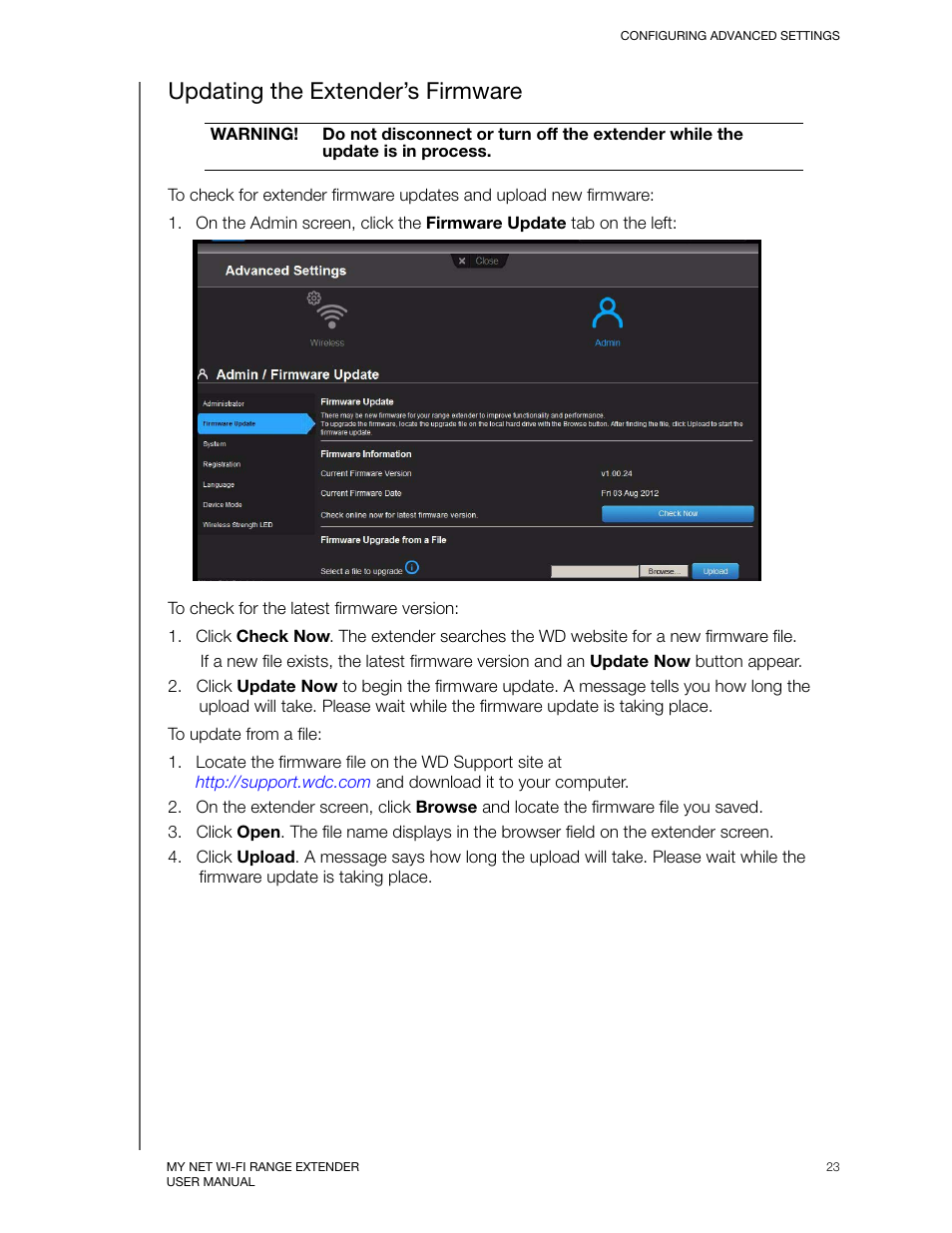 Updating the extender’s firmware | Western Digital My Net Wi-fi Range Extender User Manual User Manual | Page 26 / 47
