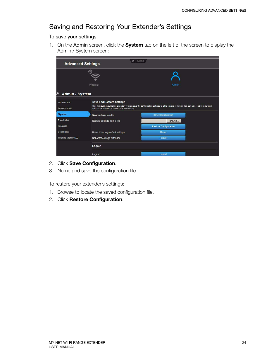 Saving and restoring your extender’s settings | Western Digital My Net Wi-fi Range Extender User Manual User Manual | Page 27 / 47