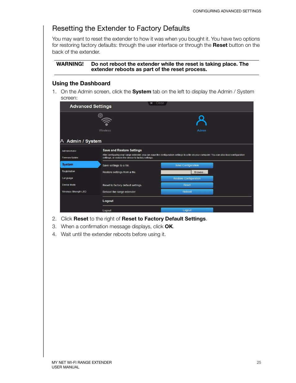 Resetting the extender to factory defaults | Western Digital My Net Wi-fi Range Extender User Manual User Manual | Page 28 / 47