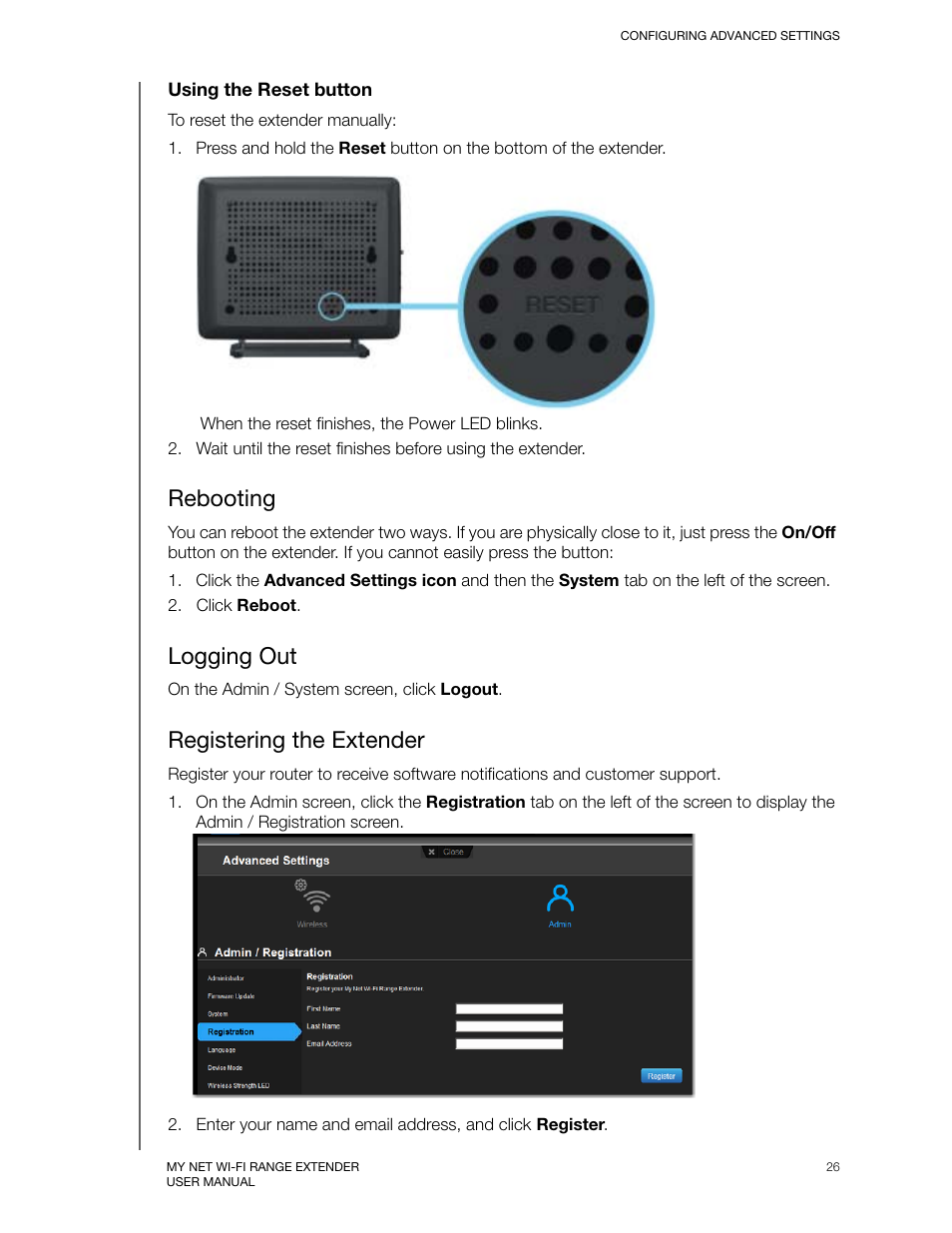 Rebooting, Logging out, Registering the extender | Western Digital My Net Wi-fi Range Extender User Manual User Manual | Page 29 / 47