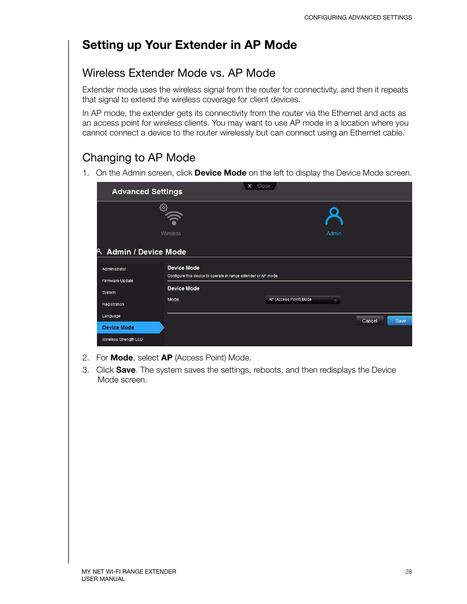 Setting up your extender in ap mode, Wireless extender mode vs. ap mode, Changing to ap mode | Western Digital My Net Wi-fi Range Extender User Manual User Manual | Page 31 / 47