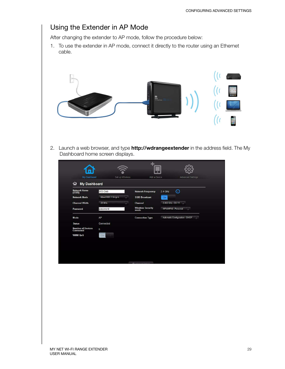 Using the extender in ap mode | Western Digital My Net Wi-fi Range Extender User Manual User Manual | Page 32 / 47