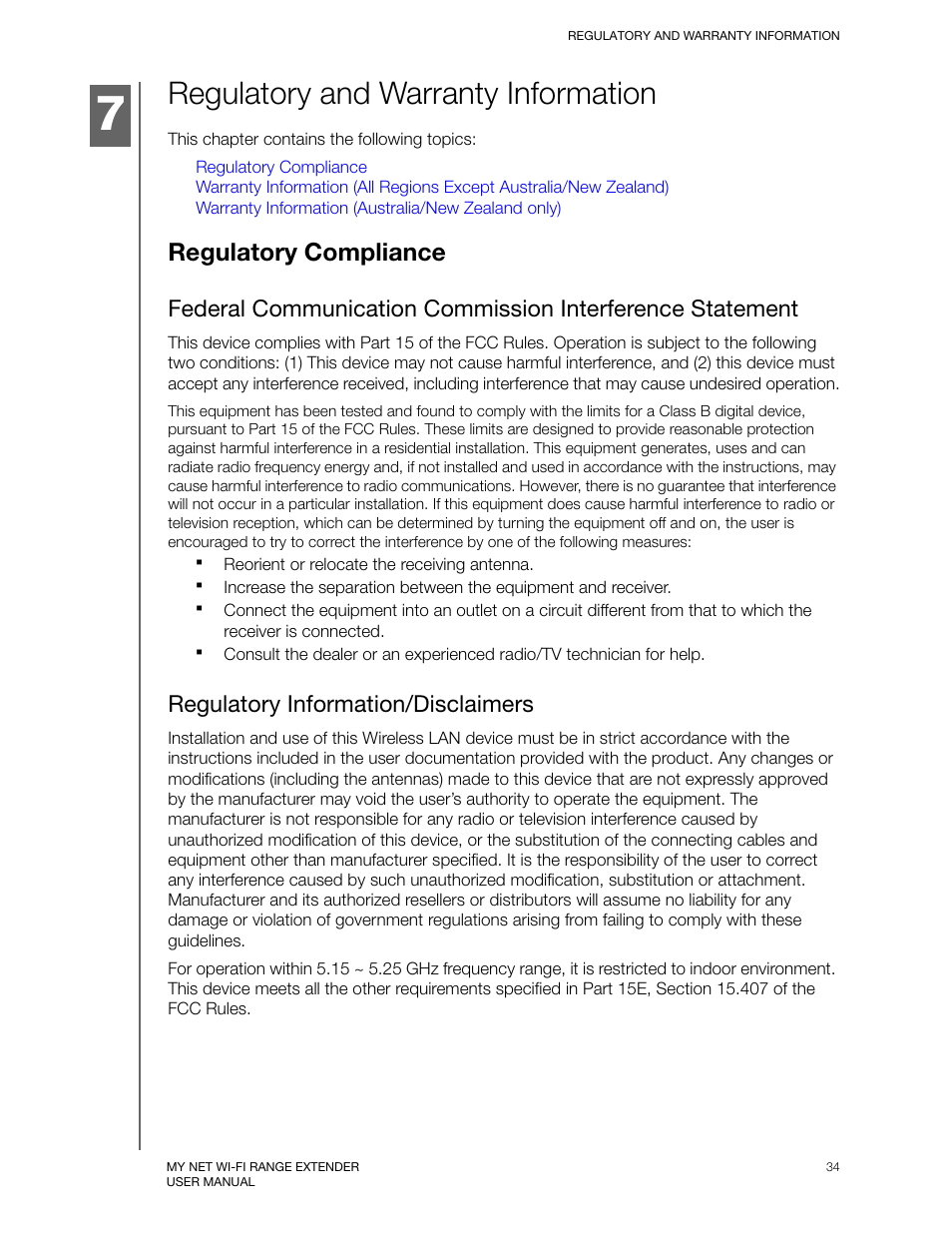 Regulatory and warranty information, Regulatory compliance, Regulatory information/disclaimers | Western Digital My Net Wi-fi Range Extender User Manual User Manual | Page 37 / 47