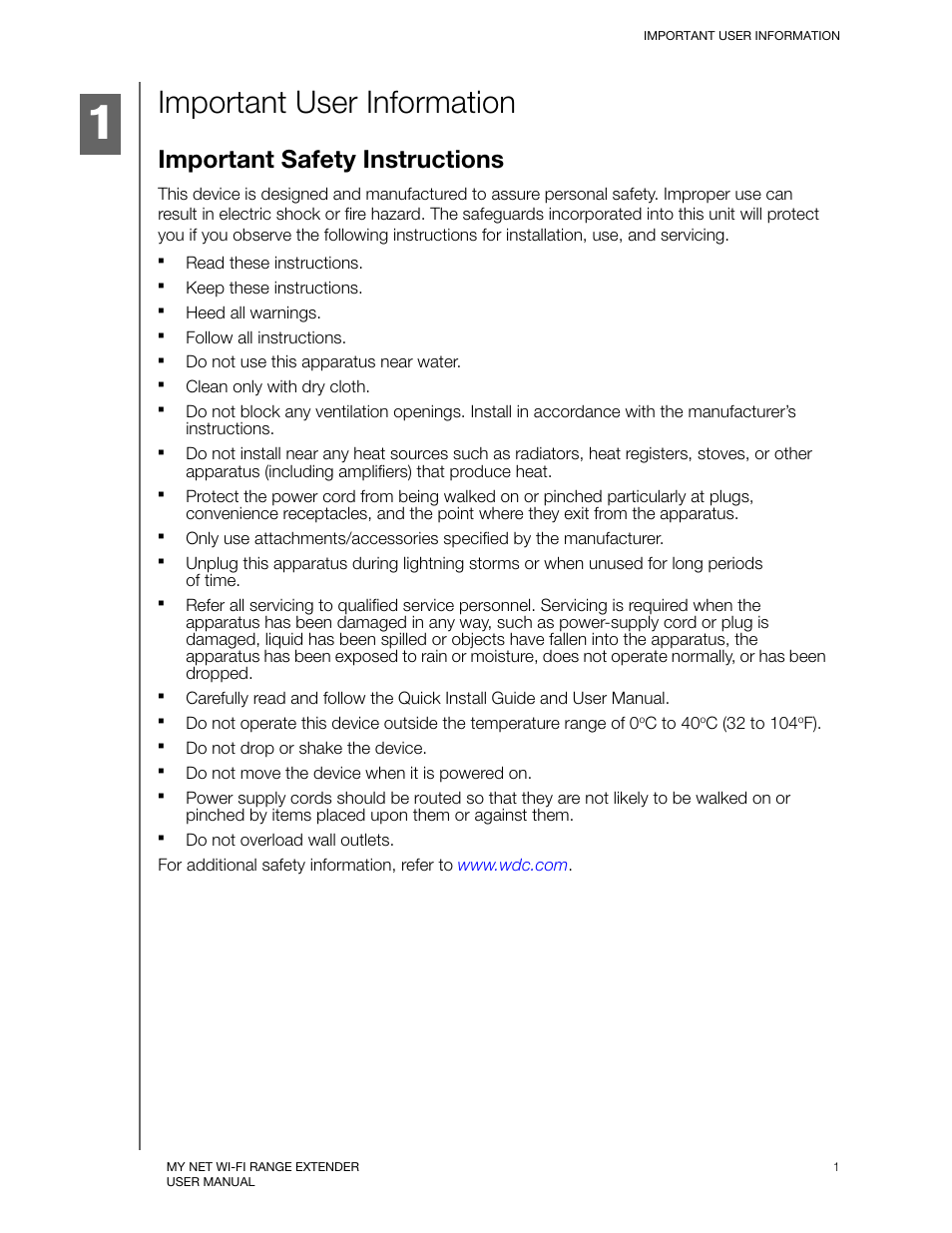 Important user information, Important safety instructions | Western Digital My Net Wi-fi Range Extender User Manual User Manual | Page 4 / 47