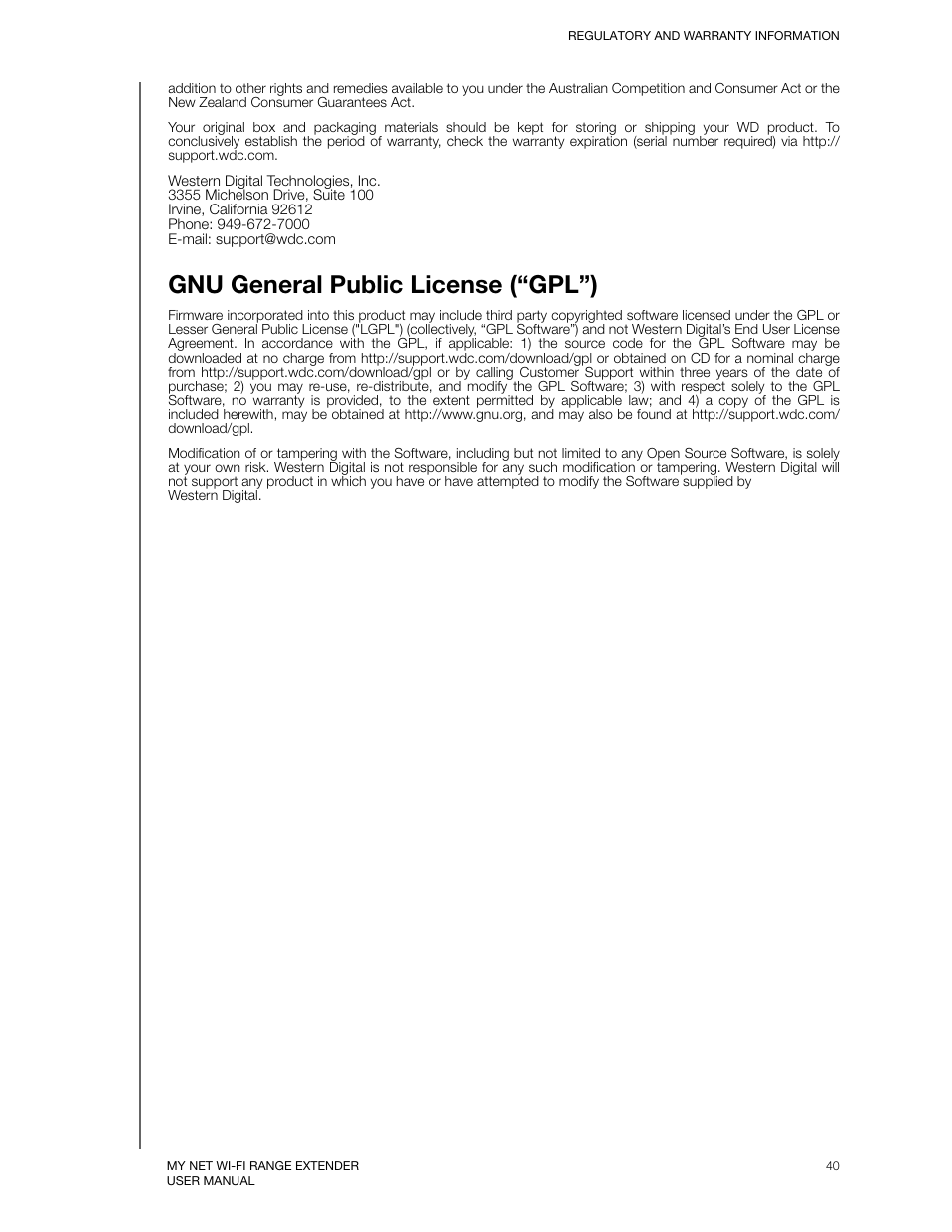 Gnu general public license (“gpl”) | Western Digital My Net Wi-fi Range Extender User Manual User Manual | Page 43 / 47