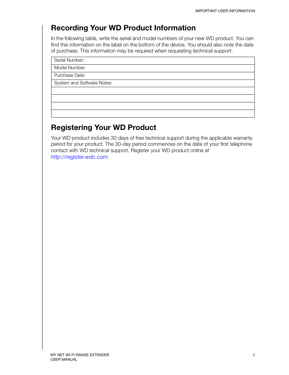 Recording your wd product information, Registering your wd product | Western Digital My Net Wi-fi Range Extender User Manual User Manual | Page 5 / 47