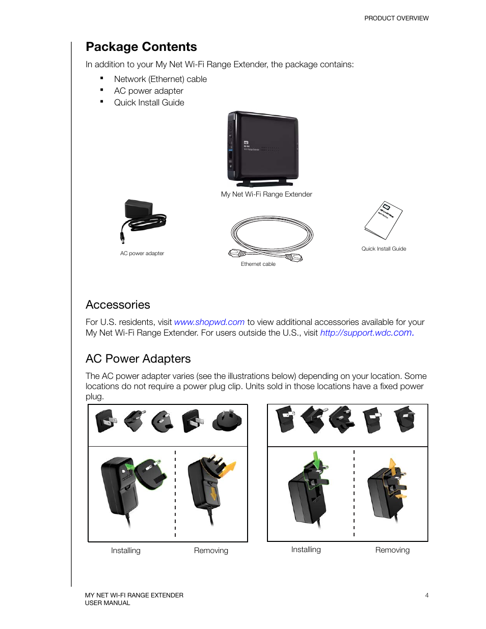 Package contents, Accessories, Ac power adapters | Western Digital My Net Wi-fi Range Extender User Manual User Manual | Page 7 / 47
