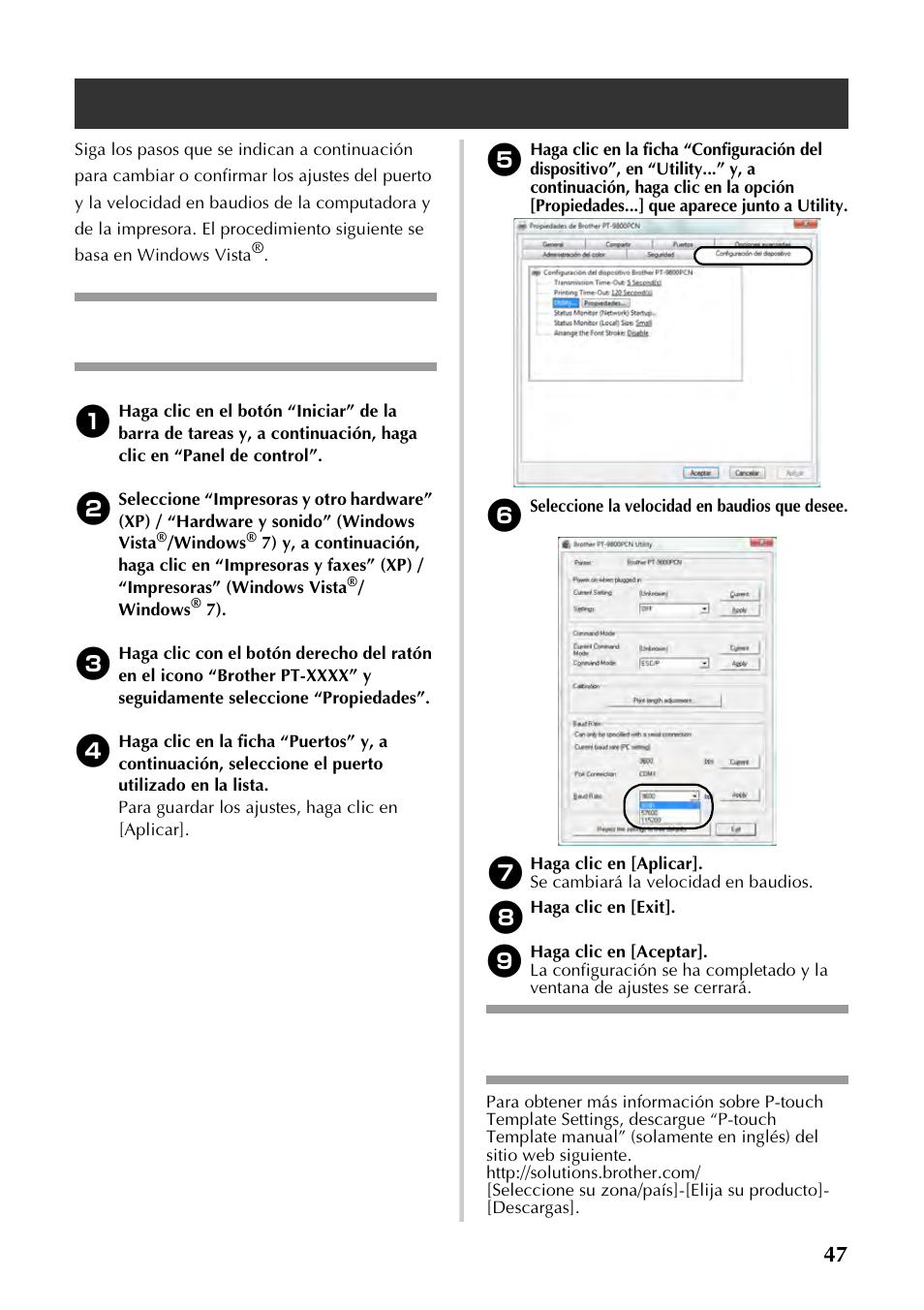 Ajuste de la velocidad en baudios de la impresora, Ajuste de la interfaz en serie (solamente windows, P.47) | Brother P-TOUCH PT-97OOPC User Manual | Page 104 / 118