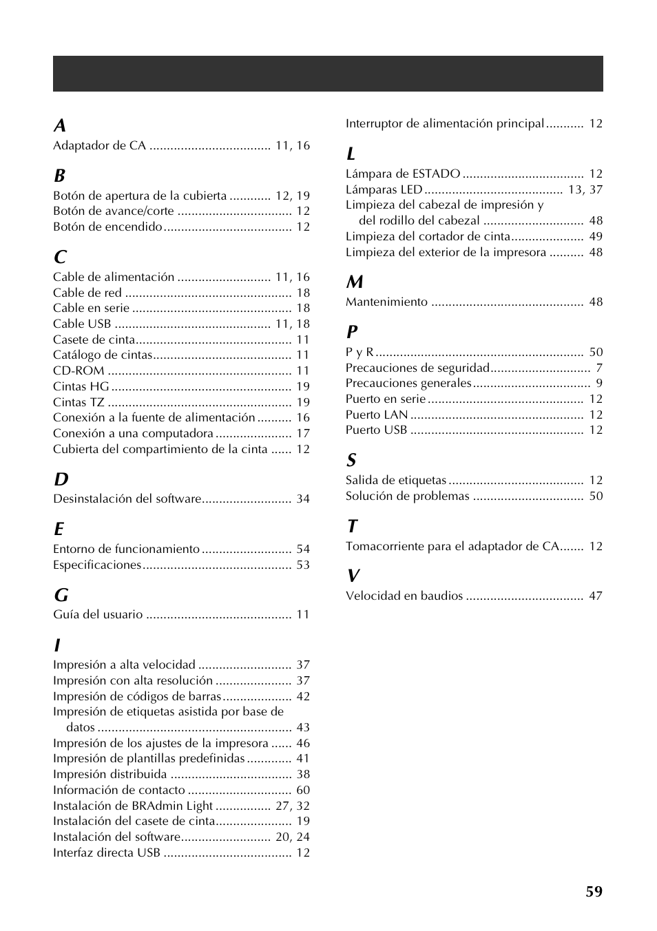 Index, Index a | Brother P-TOUCH PT-97OOPC User Manual | Page 116 / 118