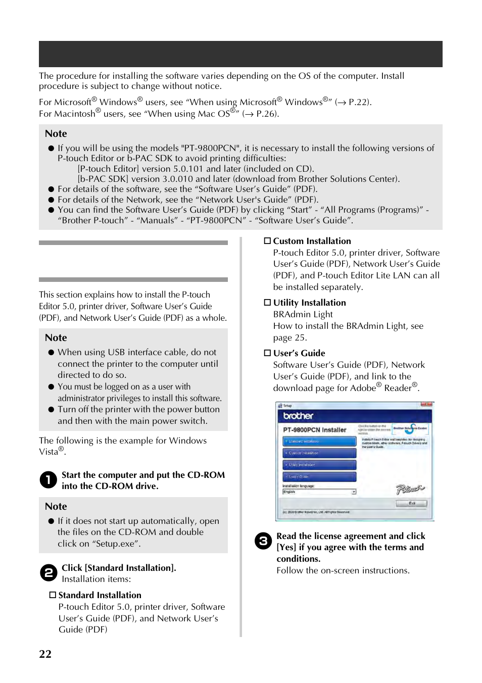 Installing the software for pt-9800pcn, When using microsoft® windows, When using microsoft | Installing the software for pt, 9800pcn, P.22), Windows | Brother P-TOUCH PT-97OOPC User Manual | Page 23 / 118