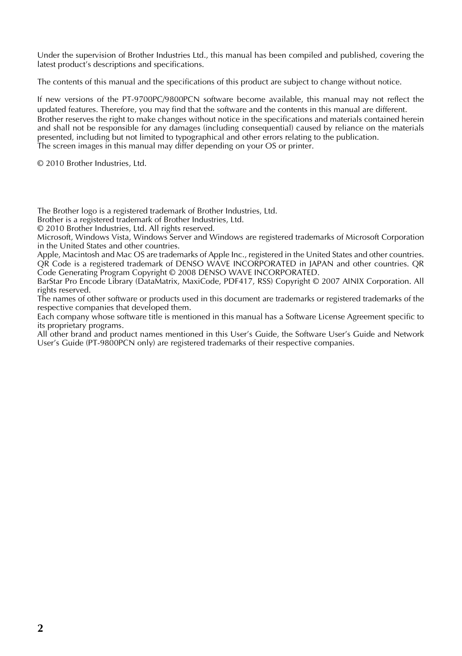 2compilation and publication notice, Trademarks and copyrights | Brother P-TOUCH PT-97OOPC User Manual | Page 3 / 118