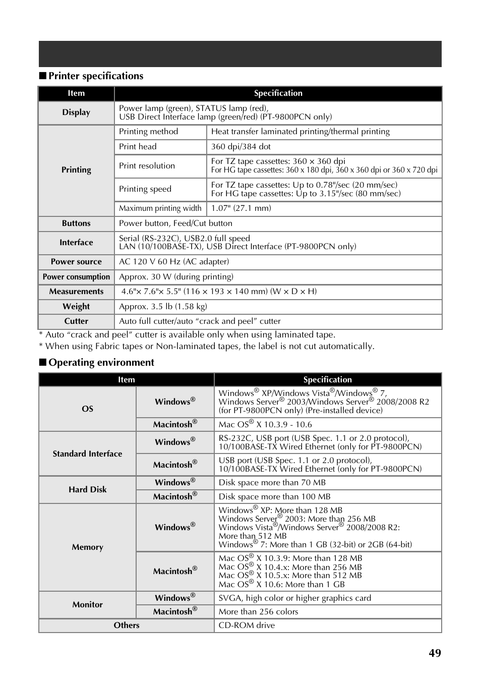 Product specifications, Printer specifications, Operating environment | Brother P-TOUCH PT-97OOPC User Manual | Page 50 / 118