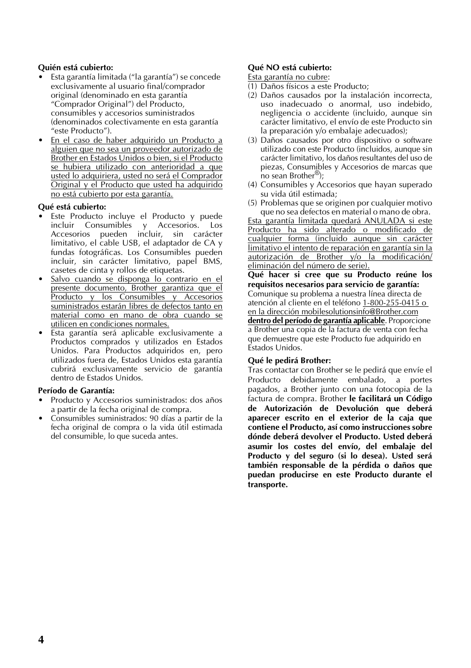 4garantía limitada de dos años de brother, Solamente para ee. uu.) | Brother P-TOUCH PT-97OOPC User Manual | Page 61 / 118