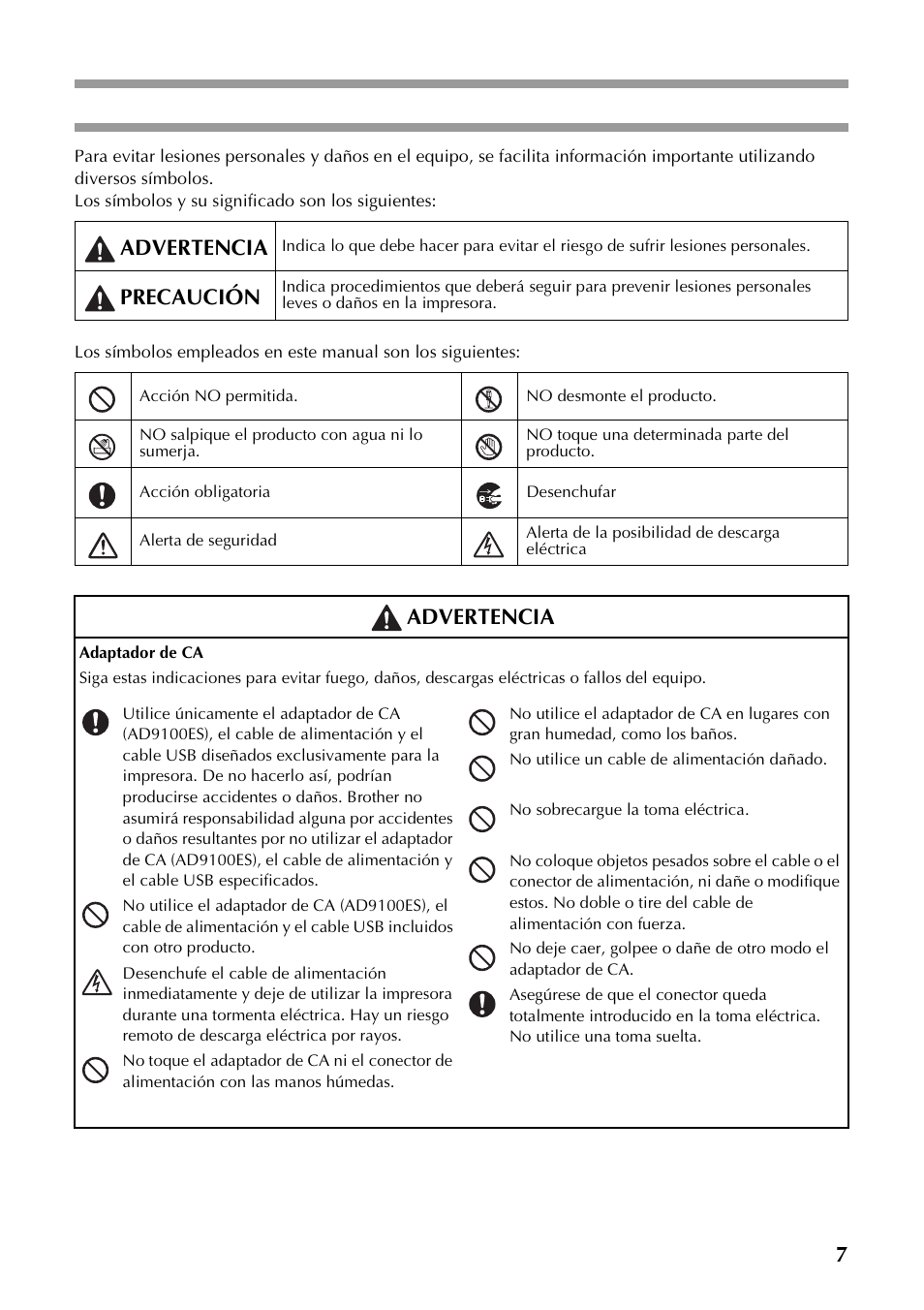 Precauciones de seguridad, 7precauciones de seguridad, Advertencia | Precaución | Brother P-TOUCH PT-97OOPC User Manual | Page 64 / 118