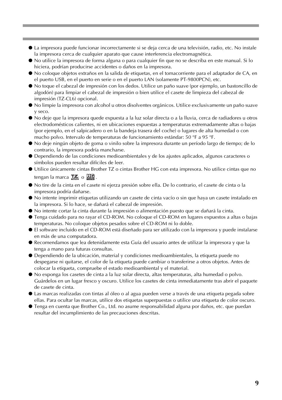 9precauciones generales | Brother P-TOUCH PT-97OOPC User Manual | Page 66 / 118