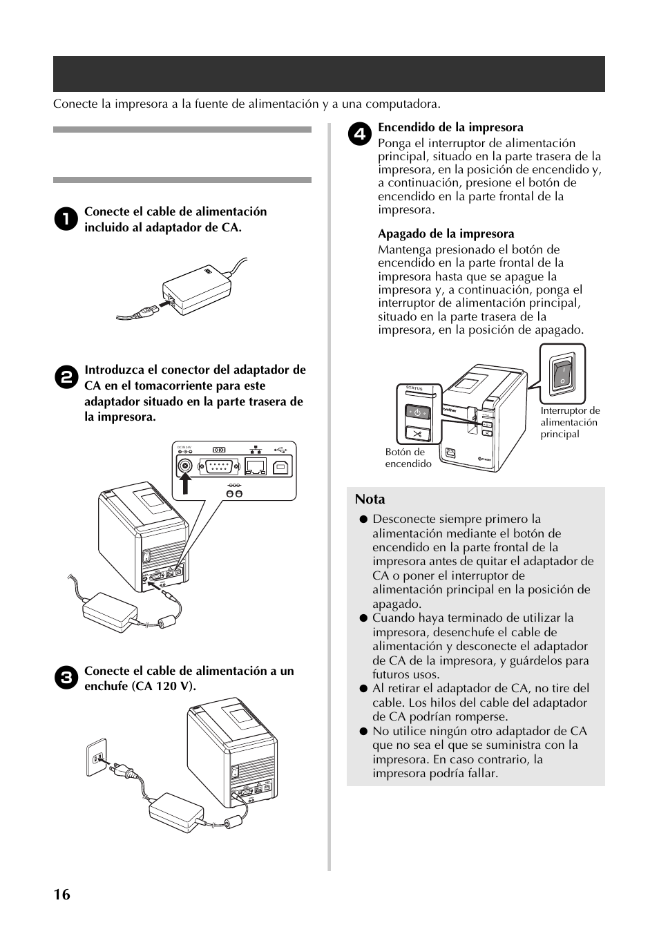 Conexión de la impresora, Conexión a la fuente de alimentación, P.16) | Nota | Brother P-TOUCH PT-97OOPC User Manual | Page 73 / 118