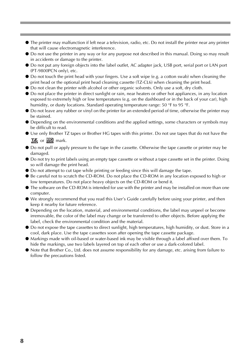 8general precautions | Brother P-TOUCH PT-97OOPC User Manual | Page 9 / 118