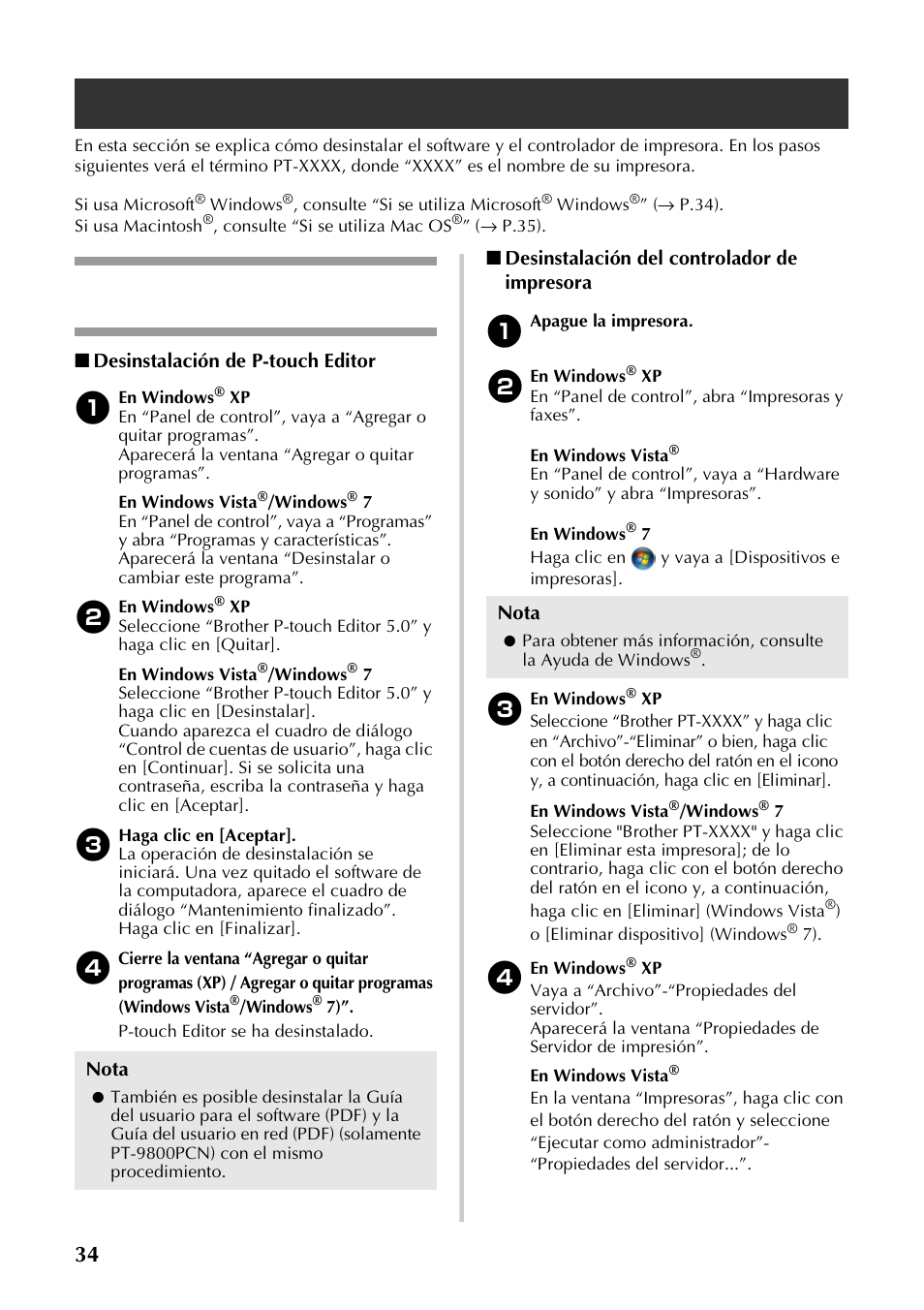 Desinstalación del software, Si se utiliza microsoft® windows, Si se utiliza microsoft | Windows, Desinstalación de p-touch editor, Desinstalación del controlador de impresora, Nota | Brother P-TOUCH PT-97OOPC User Manual | Page 91 / 118