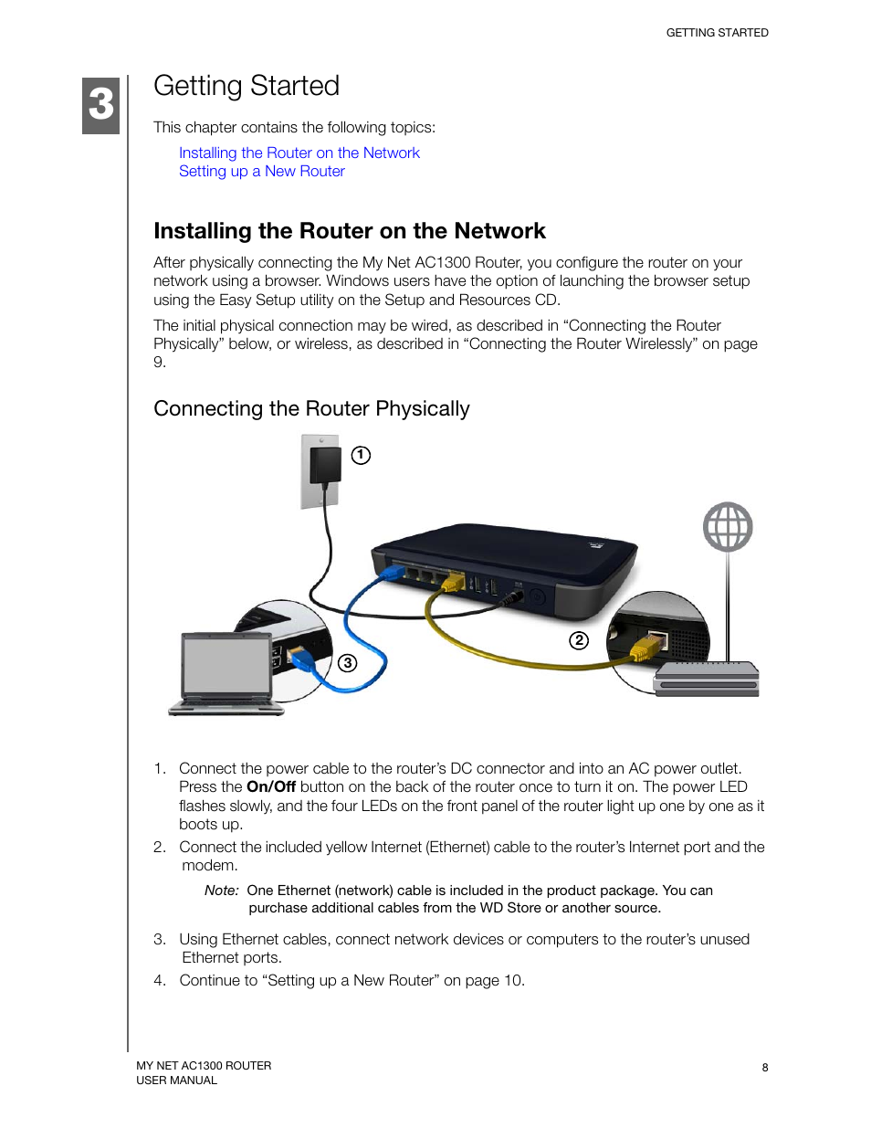 Getting started, Installing the router on the network, Connecting the router physically | Western Digital My Net AC1300 Router User Manual User Manual | Page 12 / 77