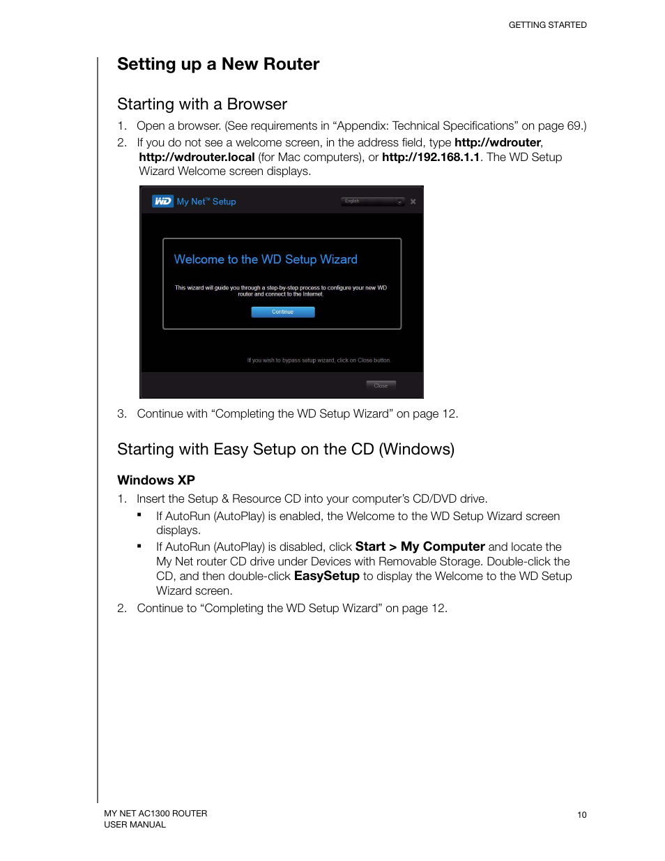 Setting up a new router, Starting with a browser, Starting with easy setup on the cd (windows) | Western Digital My Net AC1300 Router User Manual User Manual | Page 14 / 77