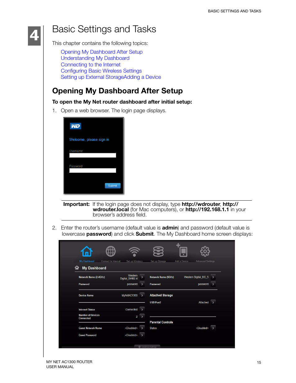 Basic settings and tasks, Opening my dashboard after setup | Western Digital My Net AC1300 Router User Manual User Manual | Page 19 / 77
