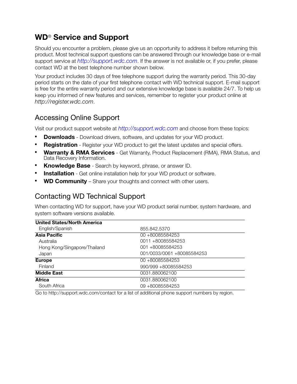 Wd® service and support, Accessing online support, Contacting wd technical support | Service and support | Western Digital My Net AC1300 Router User Manual User Manual | Page 2 / 77