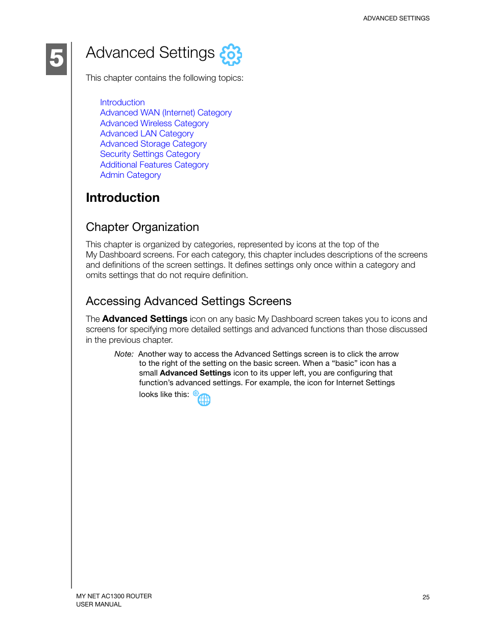 Advanced settings, Introduction, Chapter organization | Accessing advanced settings screens | Western Digital My Net AC1300 Router User Manual User Manual | Page 29 / 77