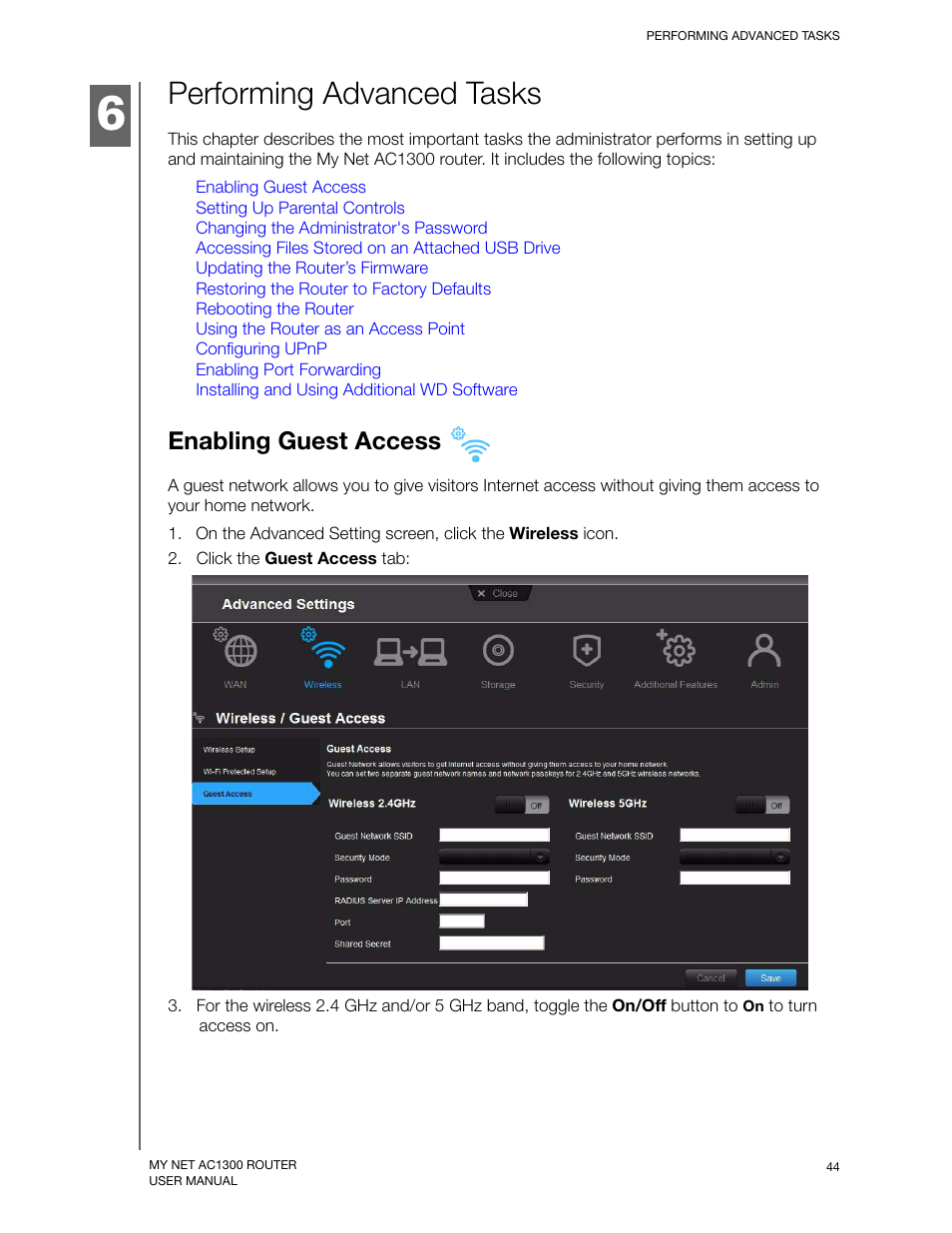 Performing advanced tasks, Enabling guest access | Western Digital My Net AC1300 Router User Manual User Manual | Page 48 / 77