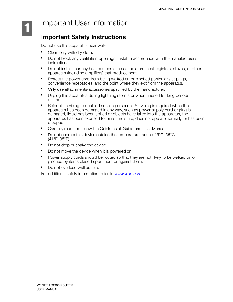 Important user information, Important safety instructions | Western Digital My Net AC1300 Router User Manual User Manual | Page 5 / 77