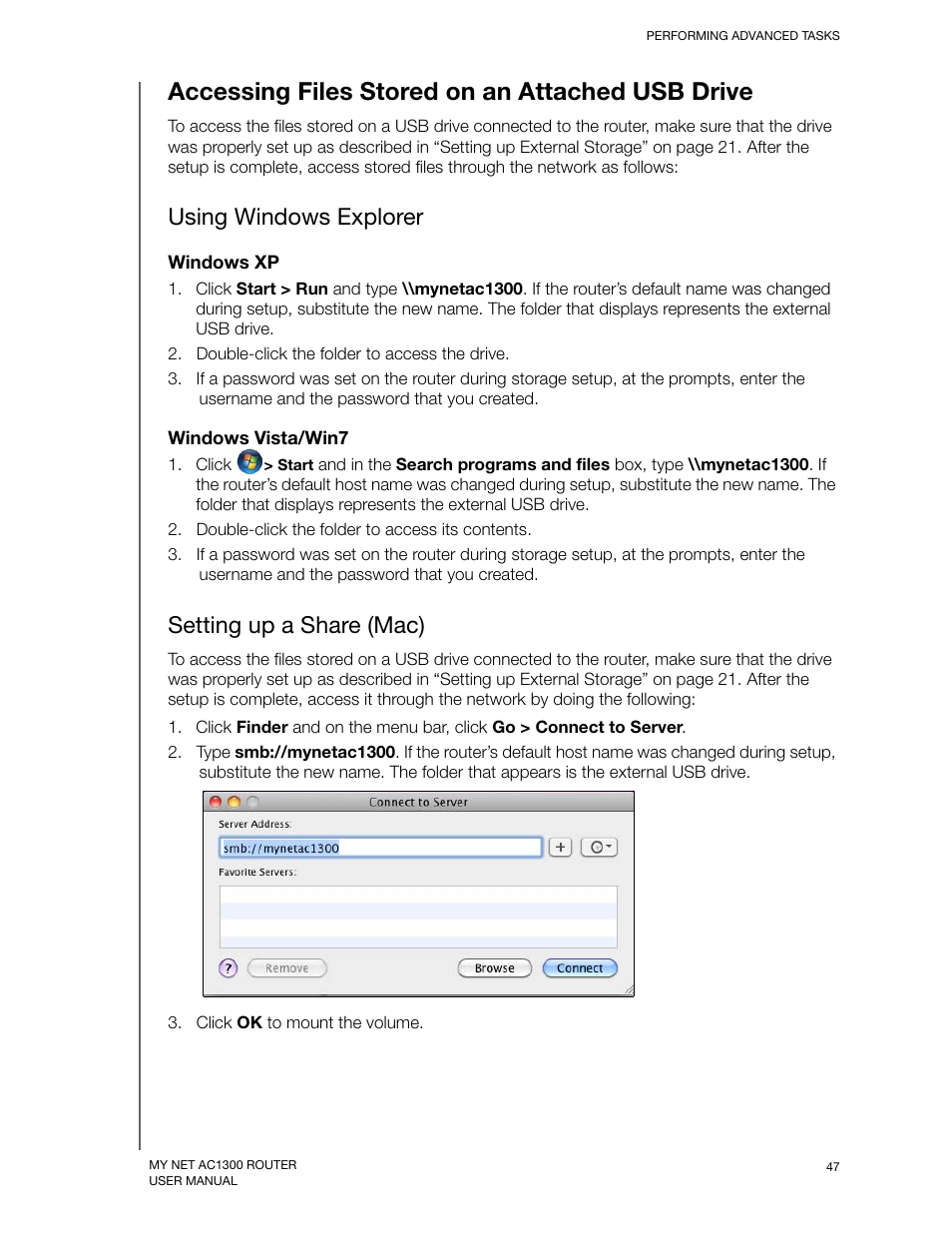 Accessing files stored on an attached usb drive, Using windows explorer, Setting up a share (mac) | Western Digital My Net AC1300 Router User Manual User Manual | Page 51 / 77