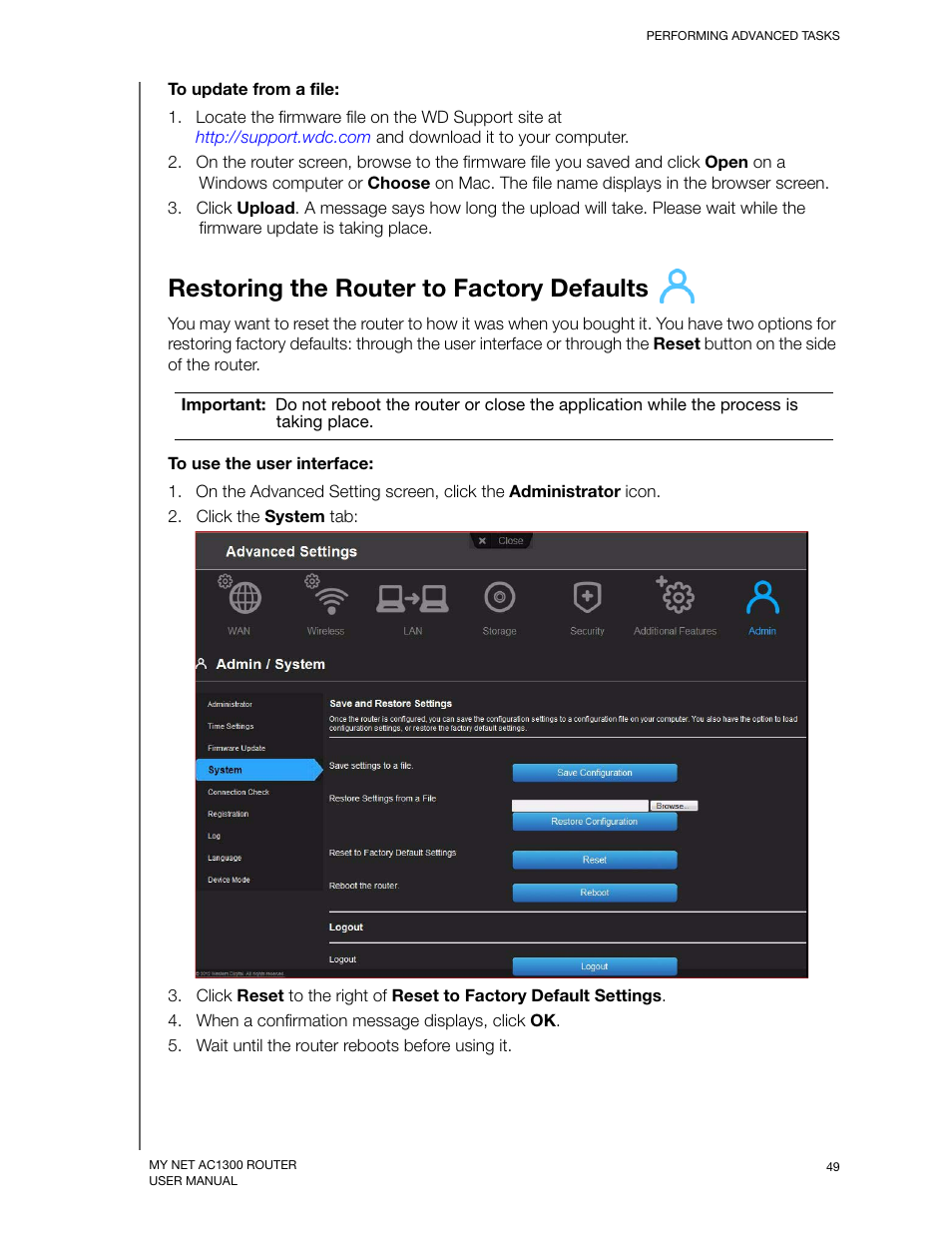 Restoring the router to factory defaults | Western Digital My Net AC1300 Router User Manual User Manual | Page 53 / 77