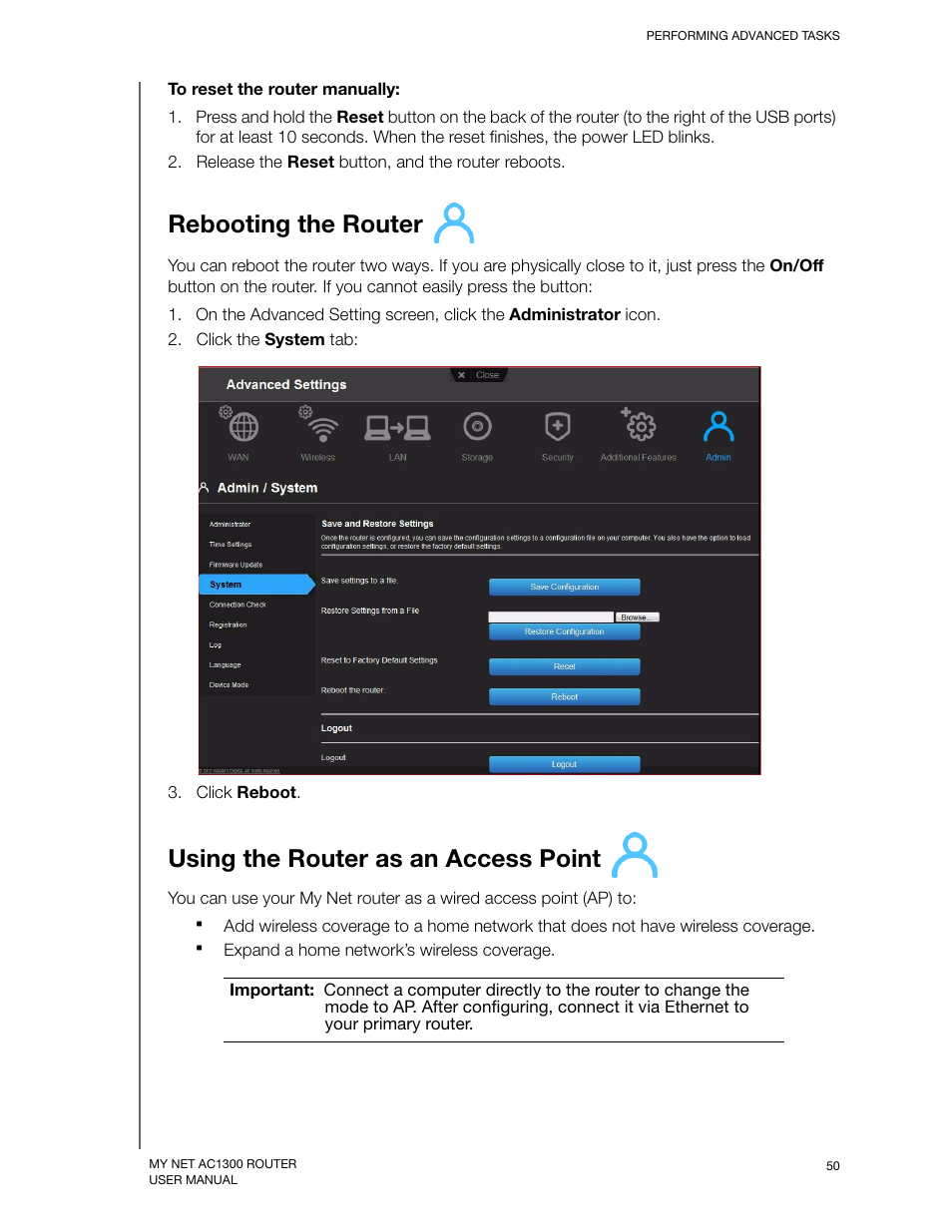 Rebooting the router, Using the router as an access point | Western Digital My Net AC1300 Router User Manual User Manual | Page 54 / 77