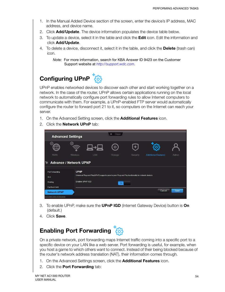 Configuring upnp, Enabling port forwarding, Configuring upnp enabling port forwarding | Western Digital My Net AC1300 Router User Manual User Manual | Page 58 / 77