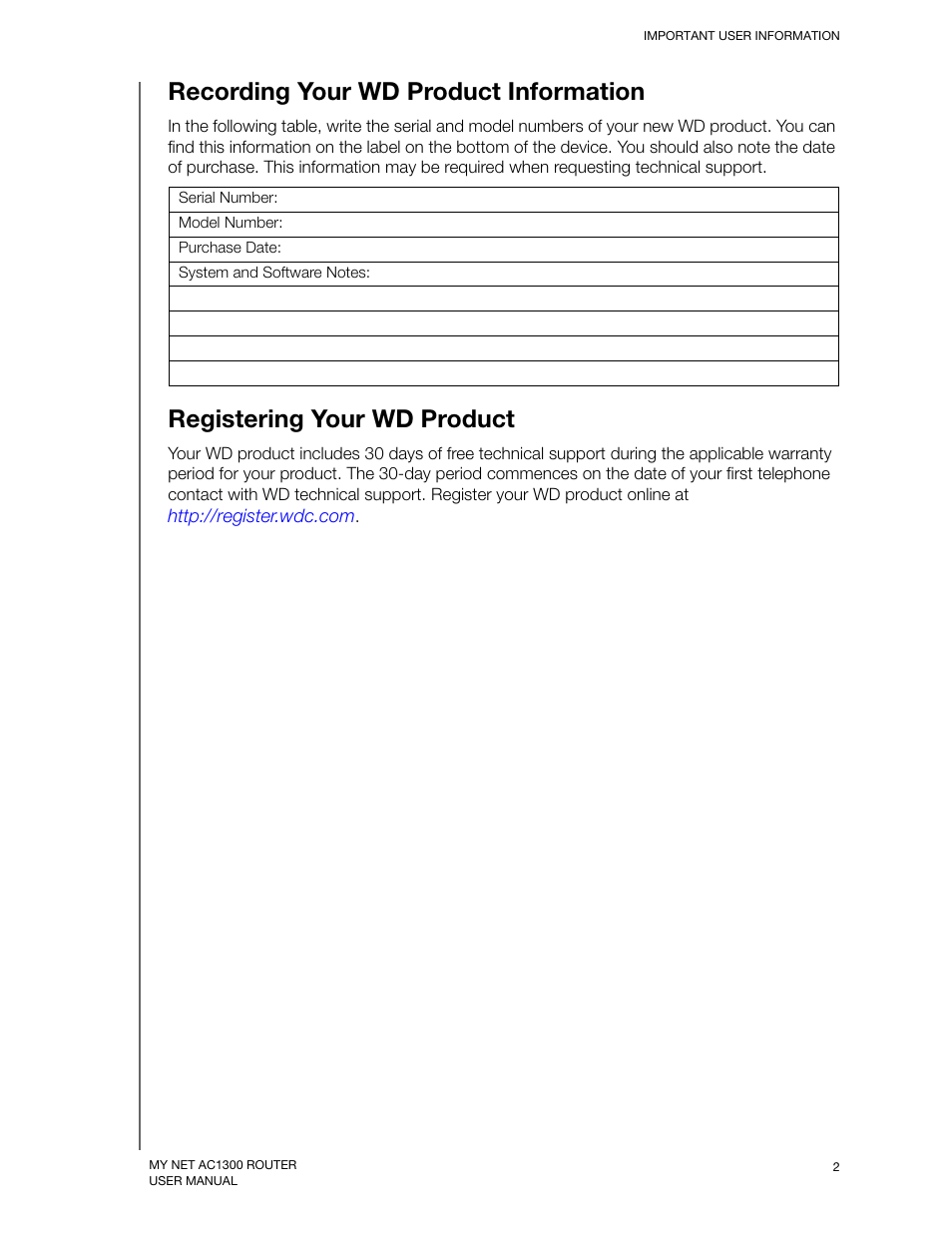 Recording your wd product information, Registering your wd product | Western Digital My Net AC1300 Router User Manual User Manual | Page 6 / 77