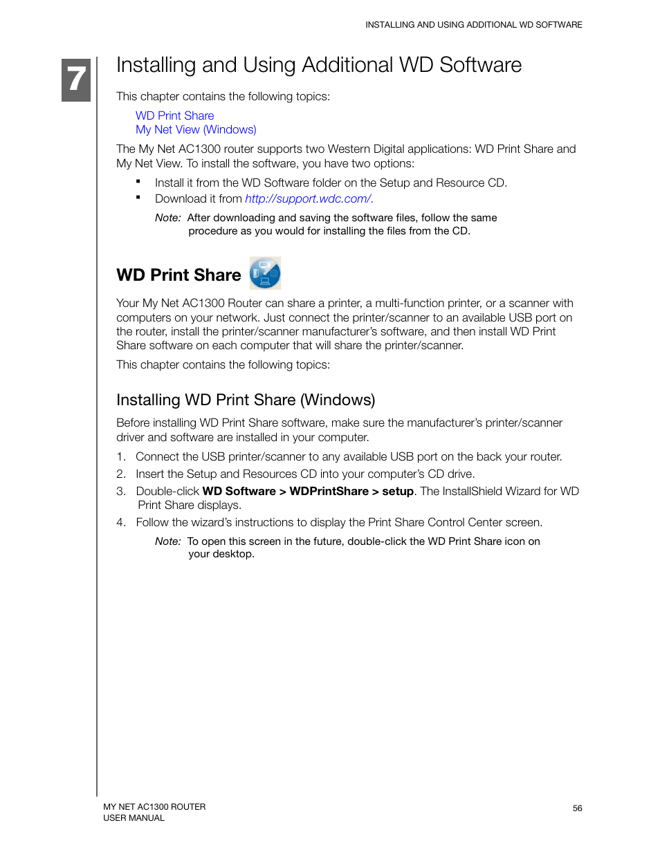 Installing and using additional wd software, Wd print share, Installing wd print share (windows) | E, see “installing and using | Western Digital My Net AC1300 Router User Manual User Manual | Page 60 / 77