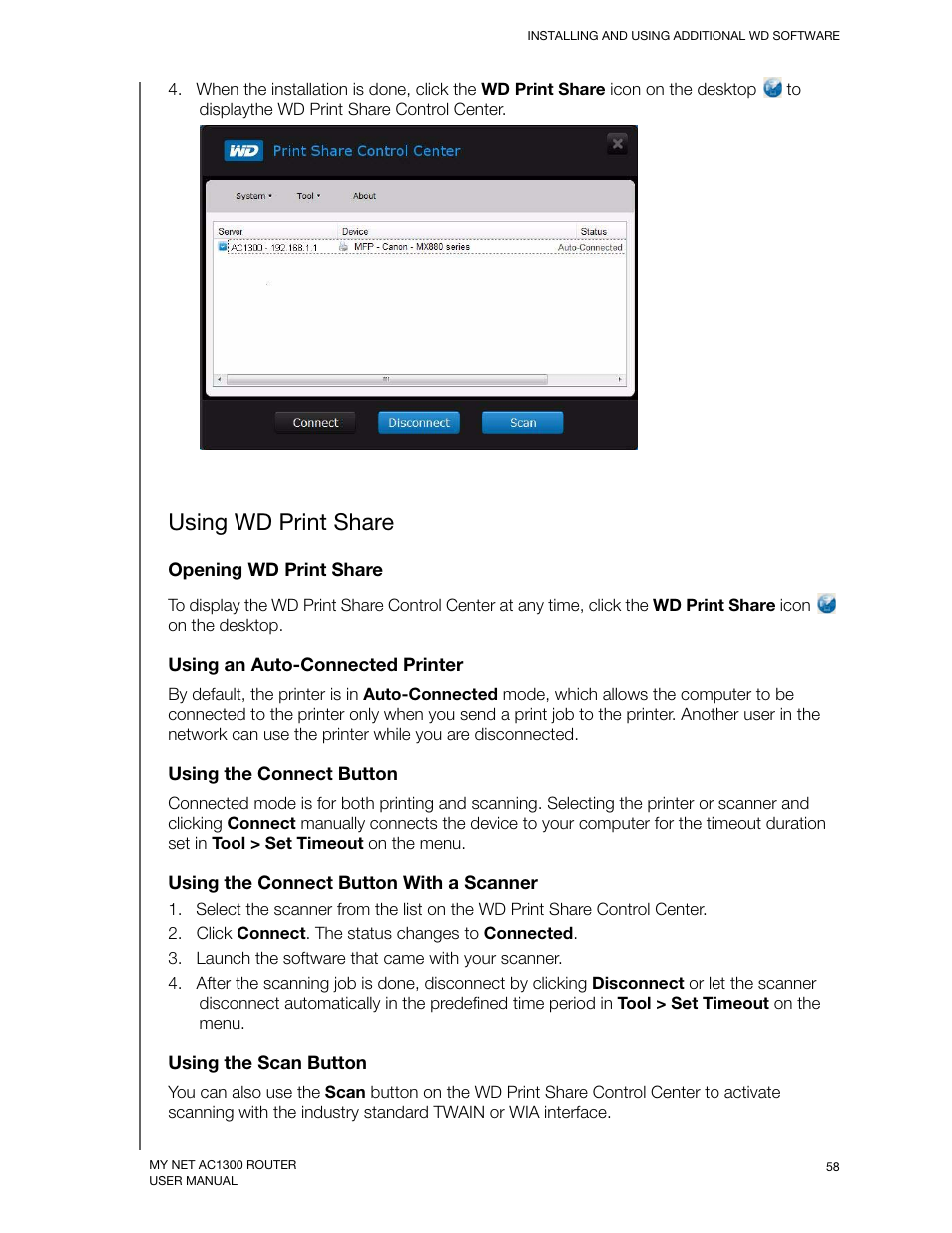 Using wd print share | Western Digital My Net AC1300 Router User Manual User Manual | Page 62 / 77